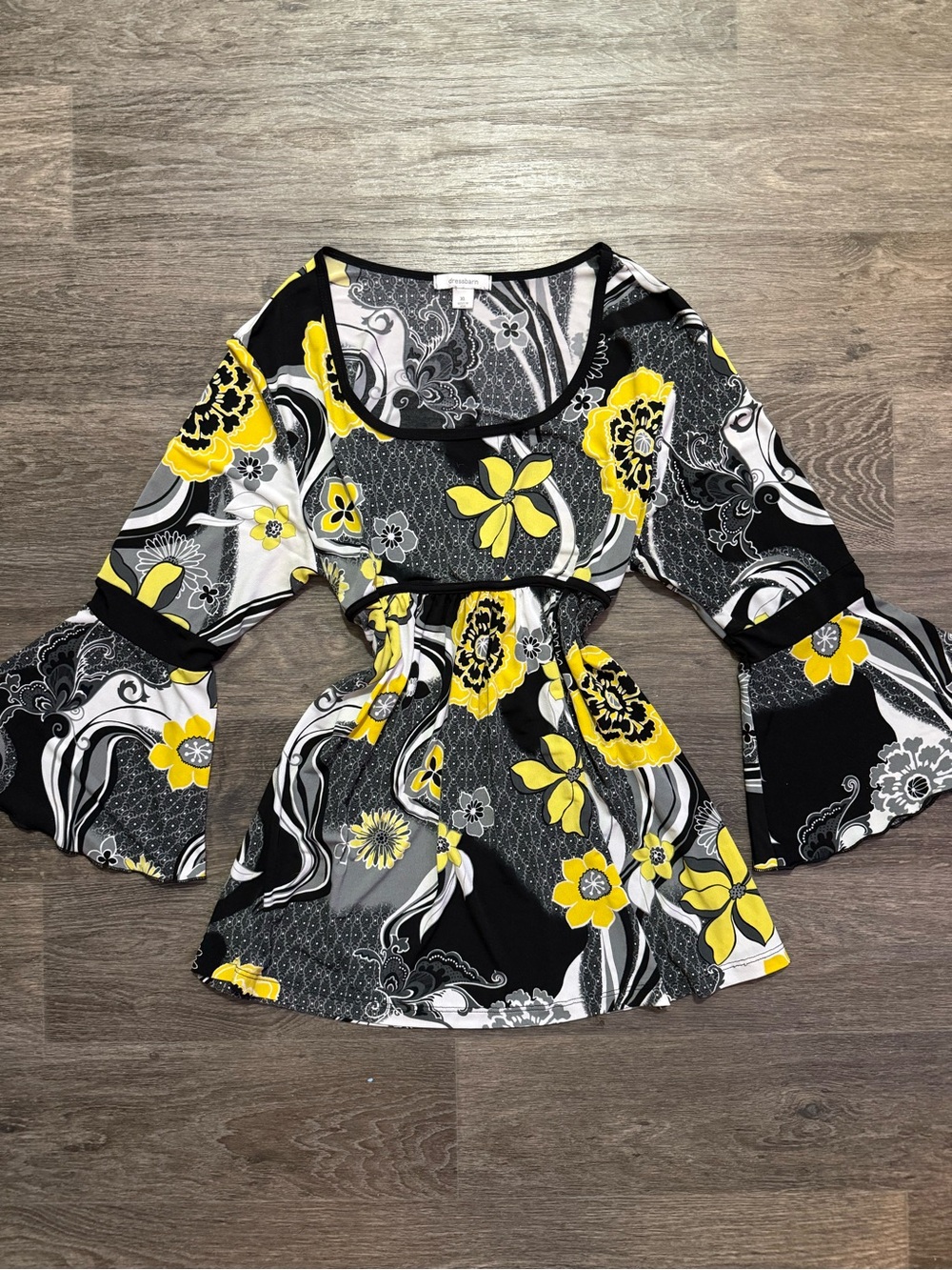 Y2K Yellow & Black Floral Tunic Top